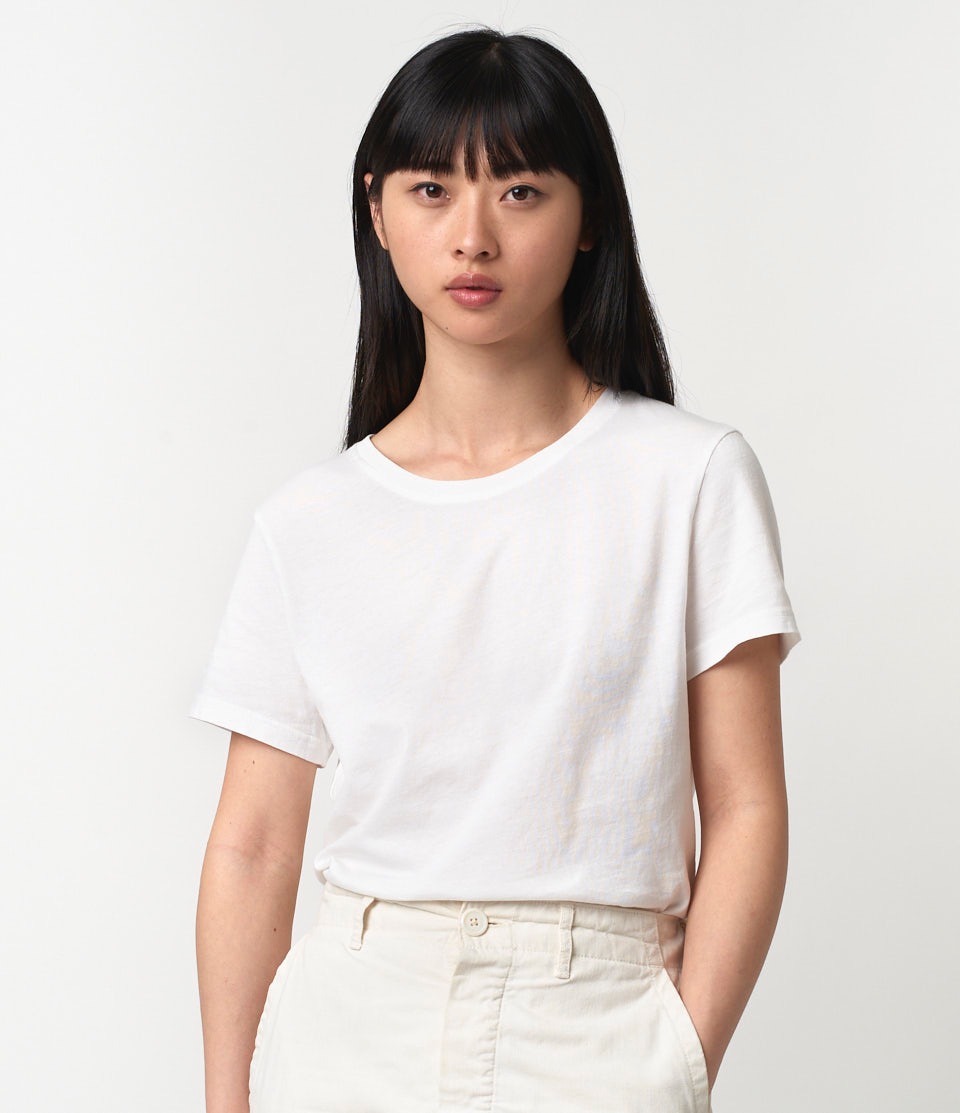 woman wearing white t-shirt made of organic cotton