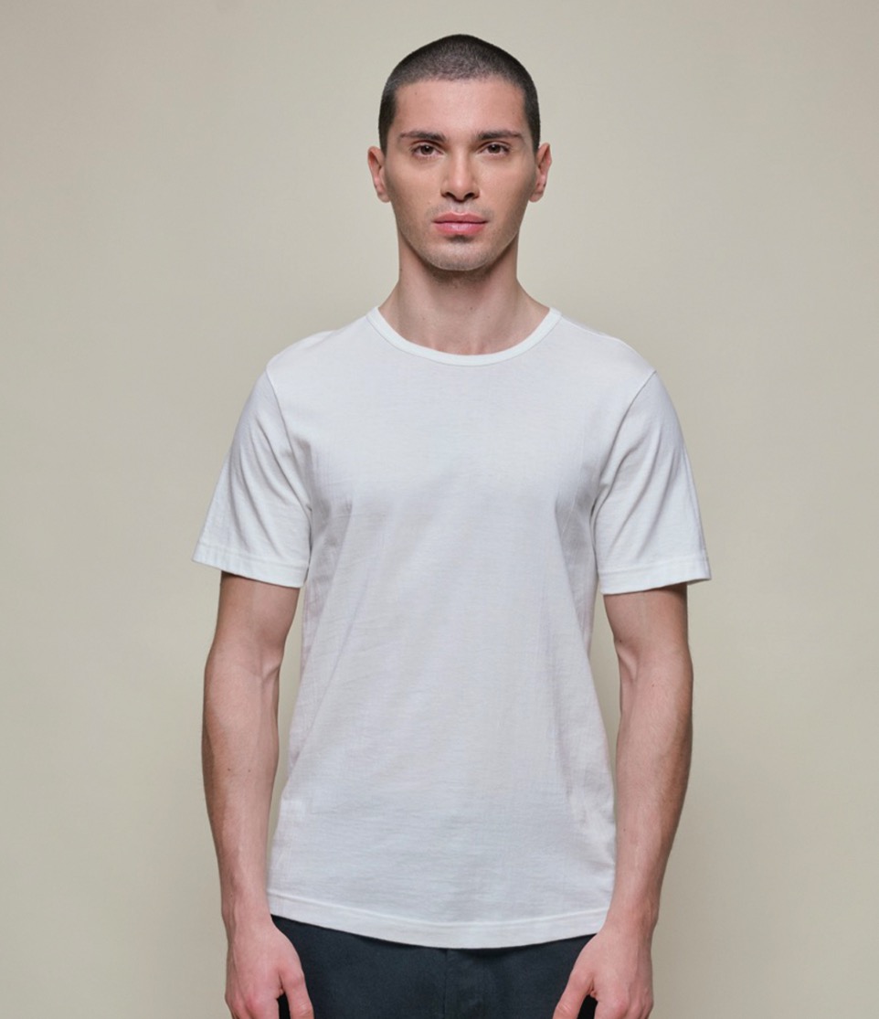 man wearing 1950s t-shirt in white