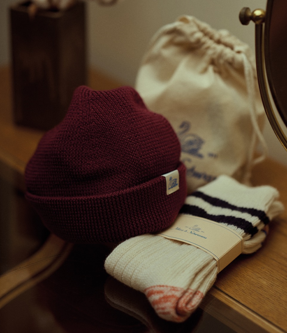 brown merino wool beanie and striped wool socks