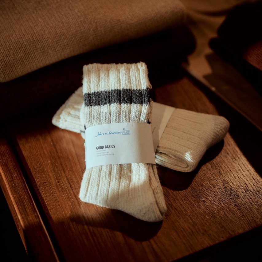 two pairs of socks laying on a table