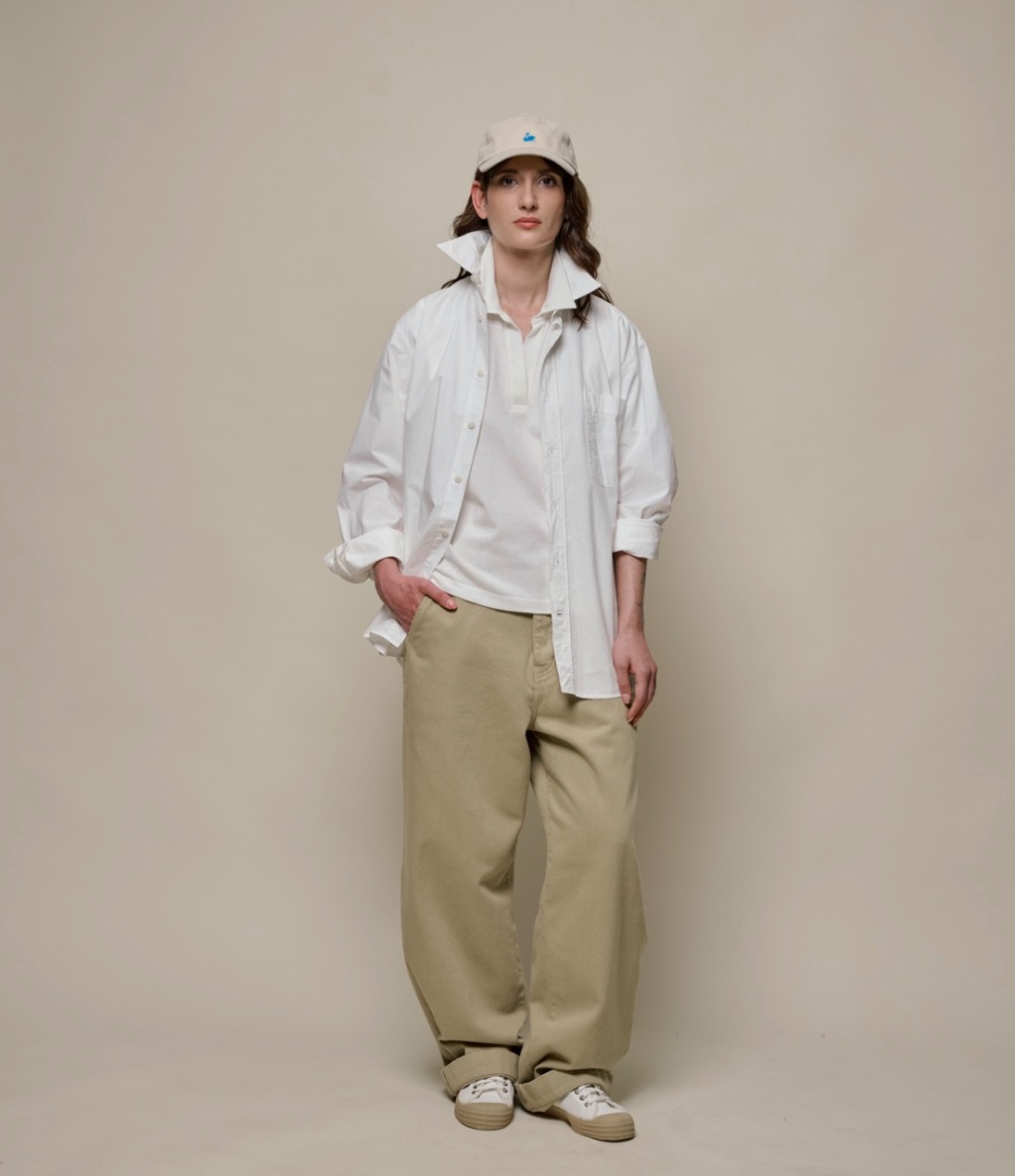 woman wearing white poplin shirts and twill pants in khaki